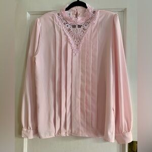 Vintage Worthington Tall 14T Pink High Collar Lace Details Pleats Shoulder Pads*